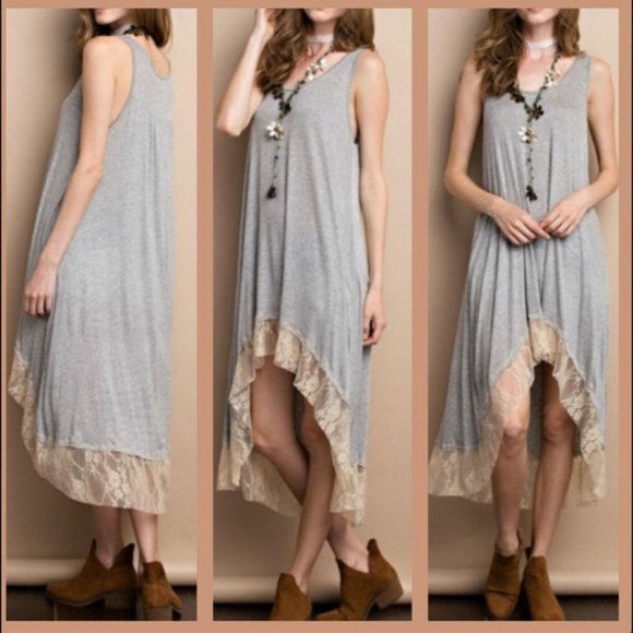 Easel High Low Boho Lace Trim Jersey Tunic Dress S - Picture 2 of 8